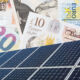 Photovoltaic panels pattern. Euro and pound bill electricity cost.
