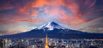 Mt. Fuji in the background of the Tokyo skyline.