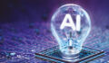 A light bulb on a microchip with the filament in the shape of the letters AI
