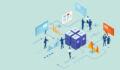 Isometric illustration of a server stack serving several disparate end users with data