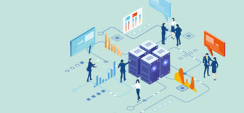 Isometric illustration of a server stack serving several disparate end users with data