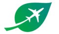 A white silhouette of a plane flying up over the green background shaped like a leaf