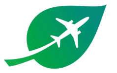 A white silhouette of a plane flying up over the green background shaped like a leaf