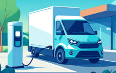 Electric last-mile van charging up in a commercial EV bay