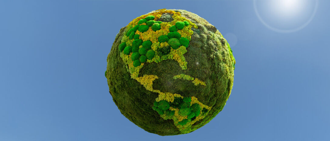 A model of the Earth if it was completely covered in vegetation, including the oceans