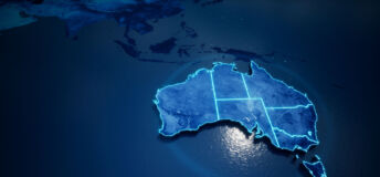 Abstract geometric futuristic concept 3d Map of Australia with borders as scribble, blue neon style. 3d rendering