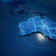 Abstract geometric futuristic concept 3d Map of Australia with borders as scribble, blue neon style. 3d rendering