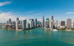 Panoramic modern architecture in Miami downtown, Florida. Miami skyline panoramic view. Aerial view of cityscape with skyscraper in Brickell Key, United States. Downtown Brickell Miami.