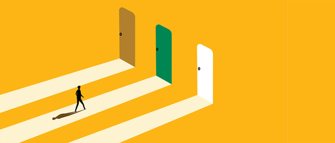 Having a goal, inspiration, choosing success. Businessman chooses the green door. vector