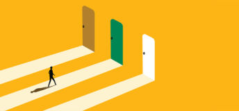 Having a goal, inspiration, choosing success. Businessman chooses the green door. vector