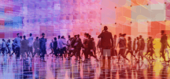 A crowd of people in a futuristic place, with one person in the foreground on the phone, for the Democratisation & Transparency theme in Private Markets 2030