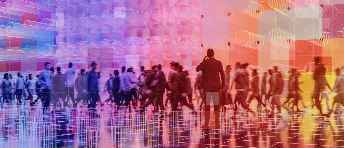 T9_PM2030_Democratisation A crowd of people in a futuristic place, with one person in the foreground on the phone, for the Democratisation & Transparency theme in Private Markets 2030