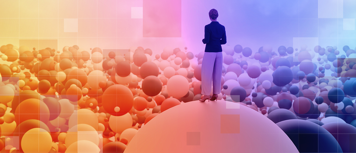 T9_PM2030_IC_1 Woman standing on a sphere amid a multitude of other spheres, for the Private MArkets 2030 Industry Consolidation theme