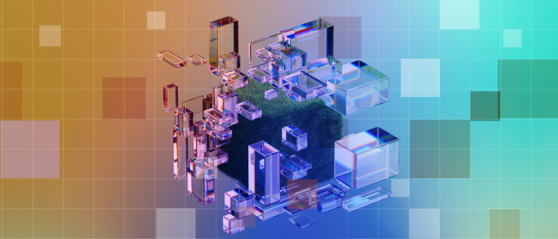 T9_PM2030_Sustainability3 Floating translucent boxes isometrically arranged around a cube of grass, for the Private Markets 2030 Sustainability theme