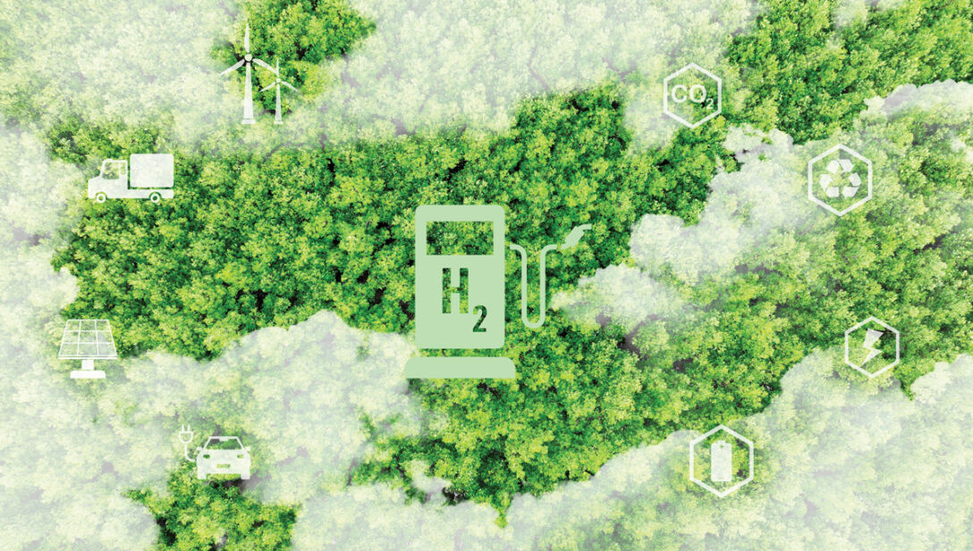 Visualization of an icon of a gas pump over a tree canopy that is partially covered by clouds and symbols of CO2 and automobiles.