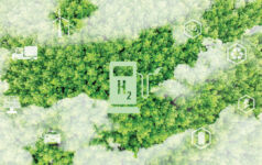 Visualization of an icon of a gas pump over a tree canopy that is partially covered by clouds and symbols of CO2 and automobiles.