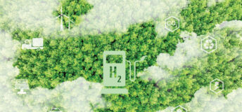 Visualization of an icon of a gas pump over a tree canopy that is partially covered by clouds and symbols of CO2 and automobiles.