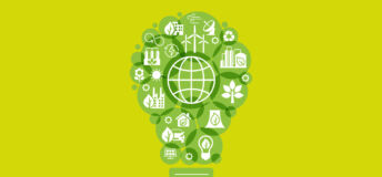 Visualisation of sustainability, represented by a green light bulb constructed of green circles.