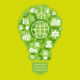Visualisation of sustainability, represented by a green light bulb constructed of green circles.