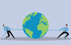 Photo of two people pulling at a rope with the Earth between them.