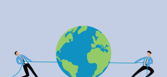 Photo of two people pulling at a rope with the Earth between them.