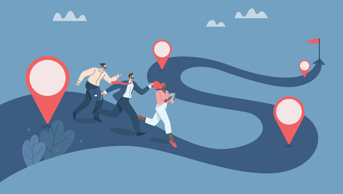 Photo of a team running to their next goal with an end point in sight.