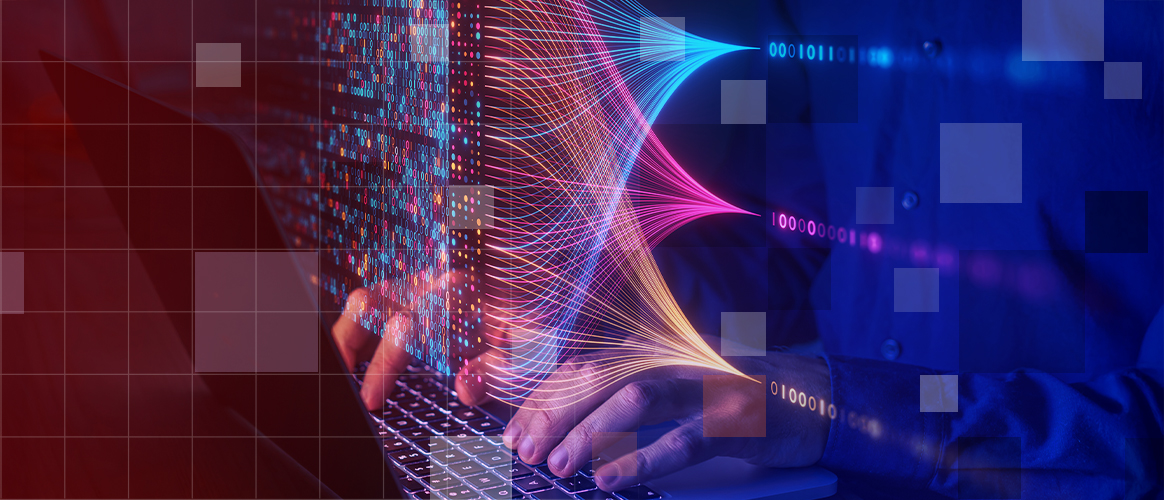 T9_PM2030 AI_2 Streams of data converge for someone tapping on a laptop keyboard, for the Private Markets 2030 Artificial Intelligence theme