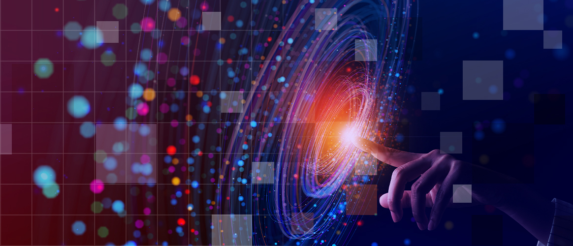 T9_PM2030 AI_3 Finger points and interacts with a spiral of electronic data, for the Private Markets 2030 Artificial Intelligence theme