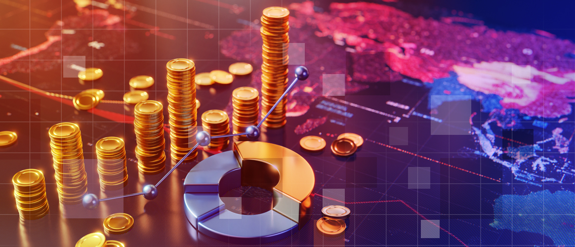 T9_PM2030_PublicMarkets_GlobalFinancialTrends Piles of coins in a line stand besidge a doughnut chart upon a map of the world, for the Private Markets 2030 Public Markets theme