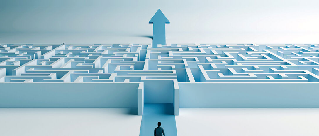 Man Walking Toward Maze with Up Arrow Exit Challenges, Strategy, and Success, 3D Render Maze