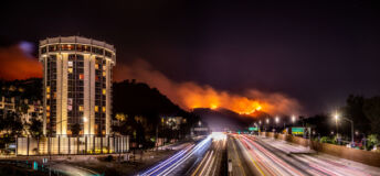Getty fire at Los Angeles - California. Bel air and Getty museum area. 405 highway traffic