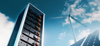 The picture shows the energy storage system in lithium battery modules, complete with a solar panel and wind turbine in the background. 3d rendering.