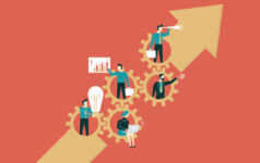 figures inside cogs in up-inclined arrow