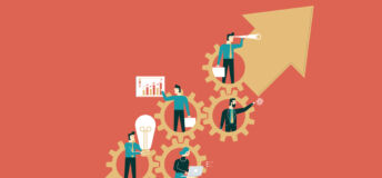 figures inside cogs in up-inclined arrow