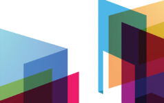 Coloured, translucent isometric shapes overlapping each other