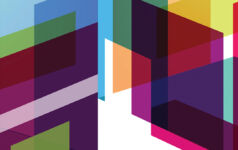 Coloured, translucent isometric shapes overlapping each other