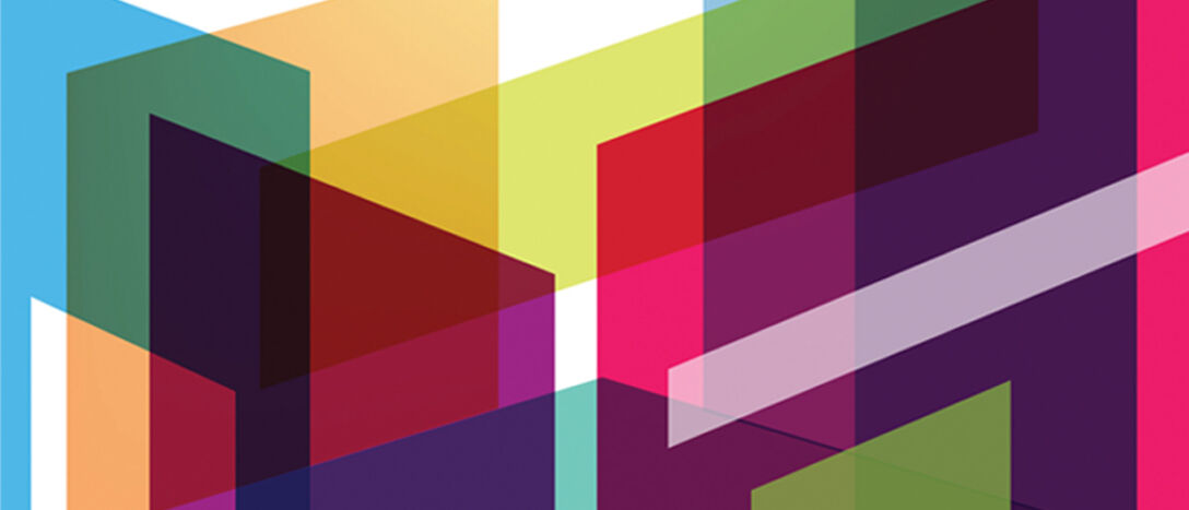 Coloured, translucent isometric shapes overlapping each other