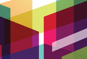 Coloured, translucent isometric shapes overlapping each other