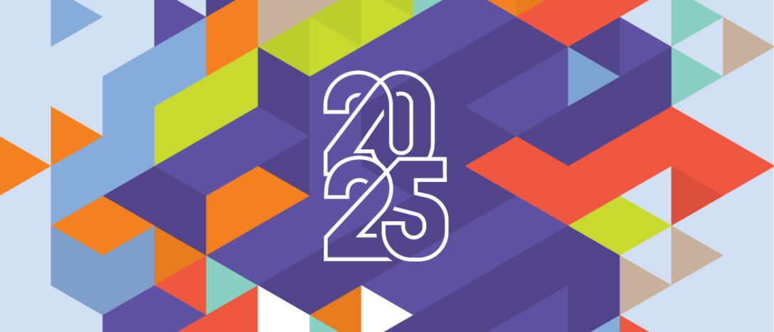 2026 awards Annual Review main post Multi-coloured triangles form an interesting pattern, with the 2025 Awards logo in white