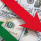 Image of two arrows descending and ascending, respectively, over $100 bills.