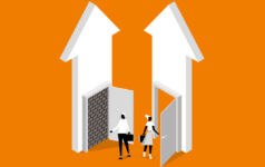 Image of two arrows pointing up with open doors, one blocked by a brick wall and the other clear, offering opportunities.