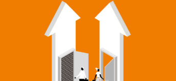 Image of two arrows pointing up with open doors, one blocked by a brick wall and the other clear, offering opportunities.