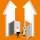 Image of two arrows pointing up with open doors, one blocked by a brick wall and the other clear, offering opportunities.