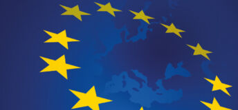 Image of the European Union flag laid over a map of Europe.