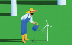Graphic of a farmer watering a wind turbine.