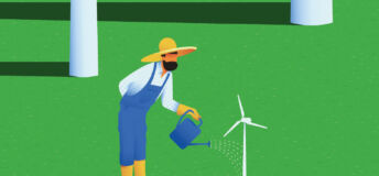 Graphic of a farmer watering a wind turbine.