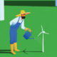 Graphic of a farmer watering a wind turbine.