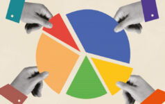 Hands place pieces of a pie chart together to make a hole circle