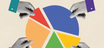 Hands place pieces of a pie chart together to make a hole circle