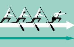 Image of businesspeople rowing on an arrow going forward.